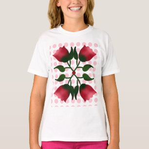 Retro Red Floral Folk Art with Pink Polka Dot Patt T-Shirt
