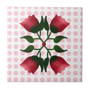 Retro Red Floral Folk Art with Pink Polka Dot Patt Tile