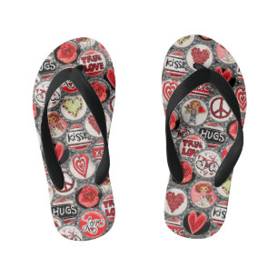 Retro Red Floral Heart Valentine's Day Bottle Cap  Kid's Flip Flops