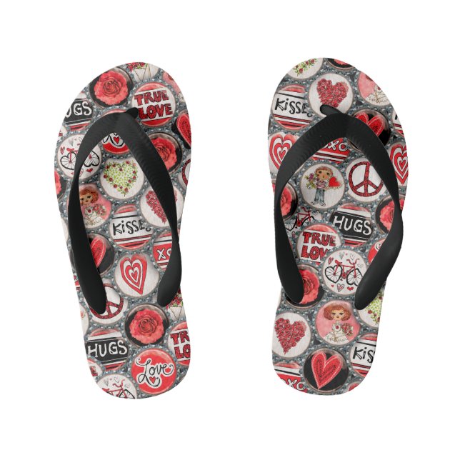 Retro Red Floral Heart Valentine's Day Bottle Cap  Kid's Flip Flops (Footbed)