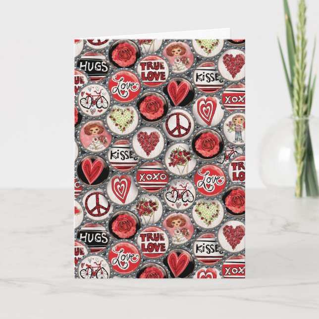 Retro Red Floral Hearts Bottle Cap Valentine's Day Holiday Card (Front)