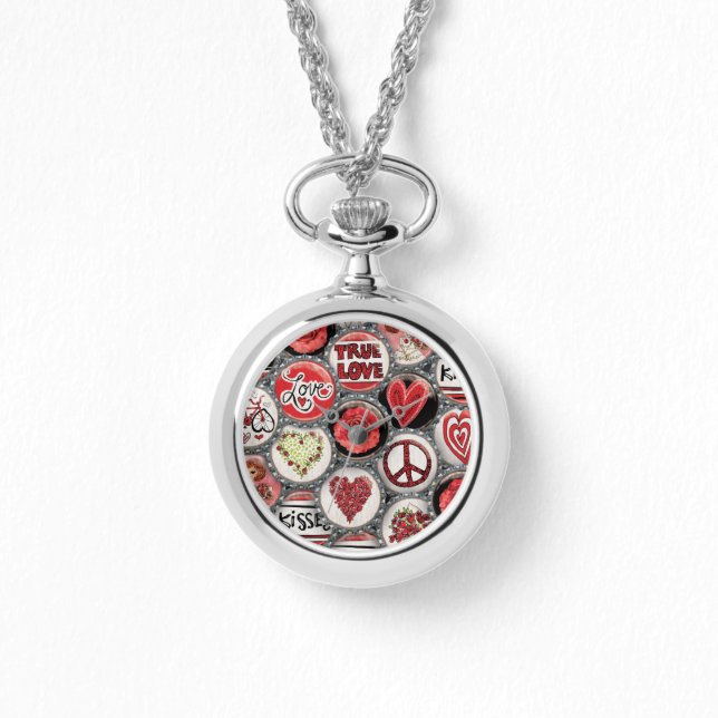 Retro Red Floral Hearts Bottle Cap Valentine's Day Watch (Front)