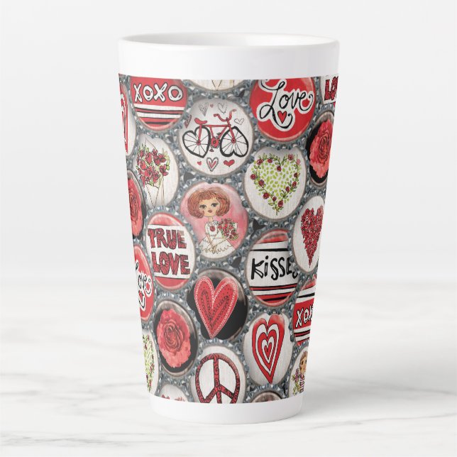 Retro Red Floral Hearts Girl Roses Valentine's Day Latte Mug (Front)