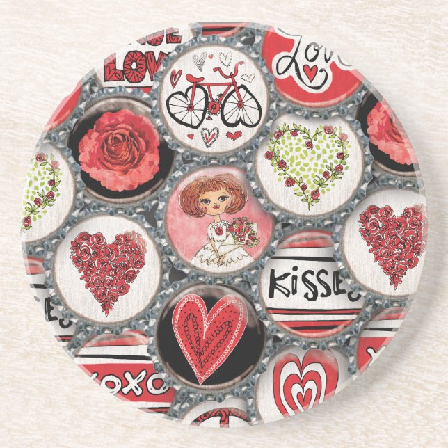 Retro Red Floral Hearts Girl Valentine's Day Coaster (Front)