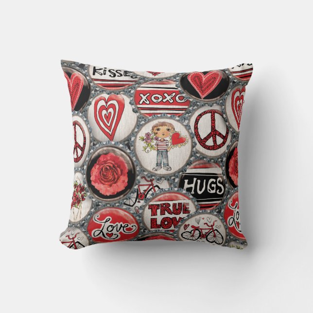 Retro Red Floral Hearts True Love Valentine's Day Cushion (Front)