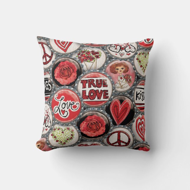 Retro Red Floral Hearts True Love Valentine's Day Cushion (Front)