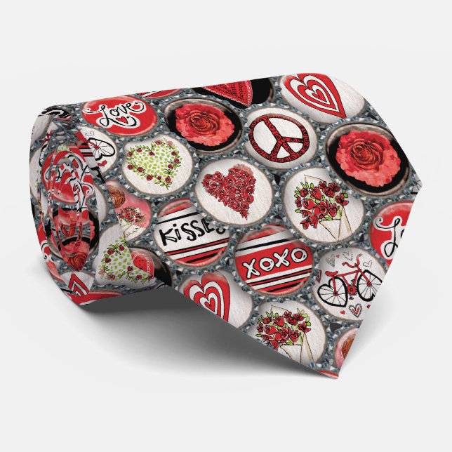 Retro Red Floral Hearts Valentine Bottle Cap Art Tie (Rolled)