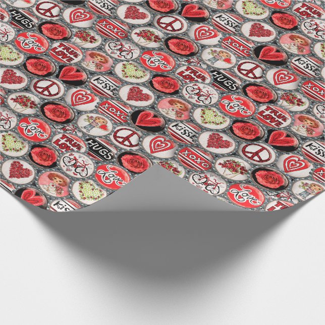 Retro Red Floral Hearts Valentine Bottle Cap Art Wrapping Paper (Corner)