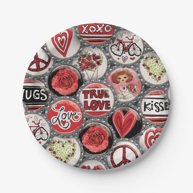 Retro Red Floral Hearts Valentine True Love Paper Plate (Front)