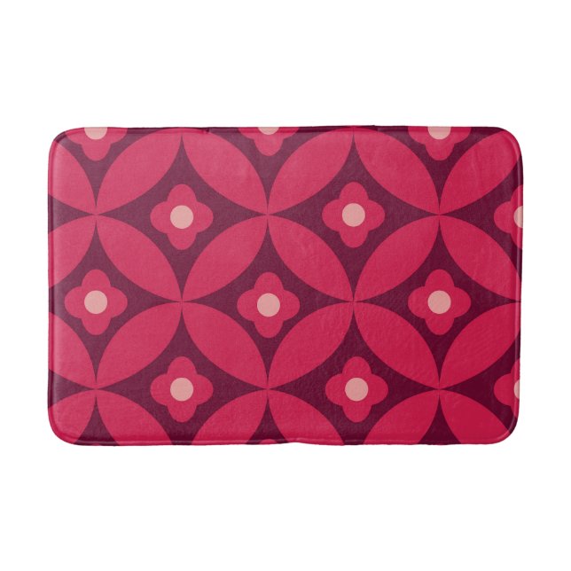 Retro Red Flowers on Mid Century Circles Pattern  Bath Mat (Front)