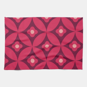 Retro Red Flowers on Mid Century Circles Pattern  Tea Towel