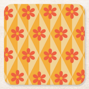 Retro Red Flowers on orange vintage diamonds  Square Paper Coaster