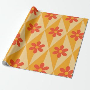 Retro Red Flowers on orange vintage diamonds  Wrapping Paper