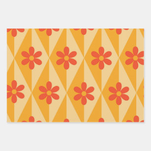 Retro Red Flowers on orange vintage diamonds  Wrapping Paper Sheet