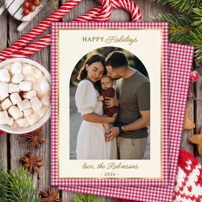 Retro Red Gold Plaid Arch Photo Christmas Happy Holiday Card (Creator Uploaded)