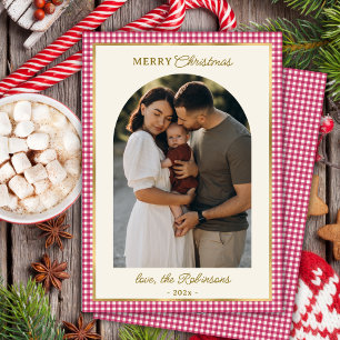 Retro Red Gold Plaid Arch Photo Merry Christmas  Holiday Card