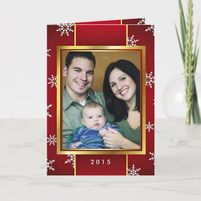 Retro Red Gold Snowflakes Christmas Photo Custom Holiday Card (Front)