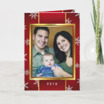 Retro Red Gold Snowflakes Christmas Photo Custom Holiday Card<br><div class="desc">"Believe in the miracle of Christmas". Red Gold Snowflakes Christmas Photo Custom Folded Greeting Card. Add your favourite family photo, first Christmas together photo or pet's or baby's first holiday picture... .. then customise the text. Modern cheerful way to send happy winter holiday greetings to all your friends and loved...</div>