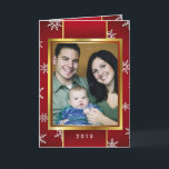 Retro Red Gold Snowflakes Christmas Photo Custom Holiday Card<br><div class="desc">"Believe in the miracle of Christmas". Red Gold Snowflakes Christmas Photo Custom Folded Greeting Card. Add your favourite family photo, first Christmas together photo or pet's or baby's first holiday picture... .. then customise the text. Modern cheerful way to send happy winter holiday greetings to all your friends and loved...</div>
