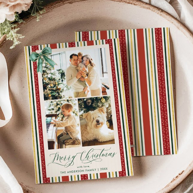 Retro Red Gold Stripes Bow Merry Christmas 3 Photo Holiday Card (Creator Uploaded)