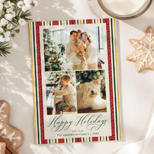 Retro Red Gold Stripes Happy Holidays 3 Photo Holiday Card