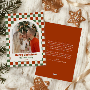 Retro Red Green Checkerboard Photo Arch Christmas Holiday Card