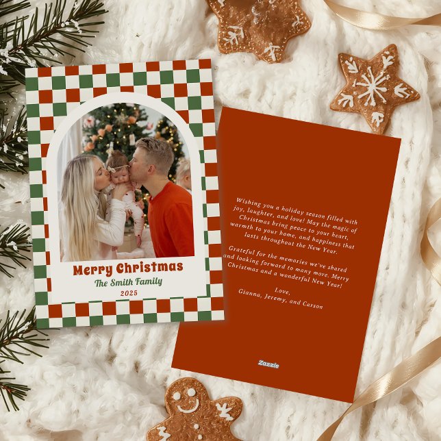 Retro Red Green Checkerboard Photo Arch Christmas Holiday Card (Creator Uploaded)