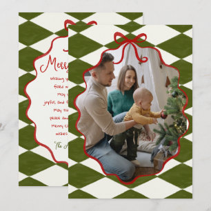 Retro Red Green Chequered Oval Bow Frame Christmas Holiday Card