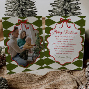 Retro Red Green Chequered Oval Bow Frame Christmas Holiday Card