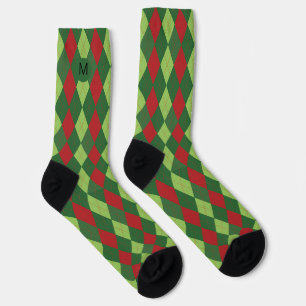 Retro Red Green Christmas Argyle Pattern Monogram Socks
