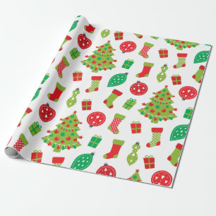 Retro Red Green Christmas Tree Gift Pattern Wrappi Wrapping Paper