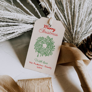 Retro Red Green Drawn Bows Wreath Merry Christmas Gift Tags