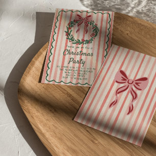 Retro Red Green Drawn Christmas Bow Wreath Party Invitation