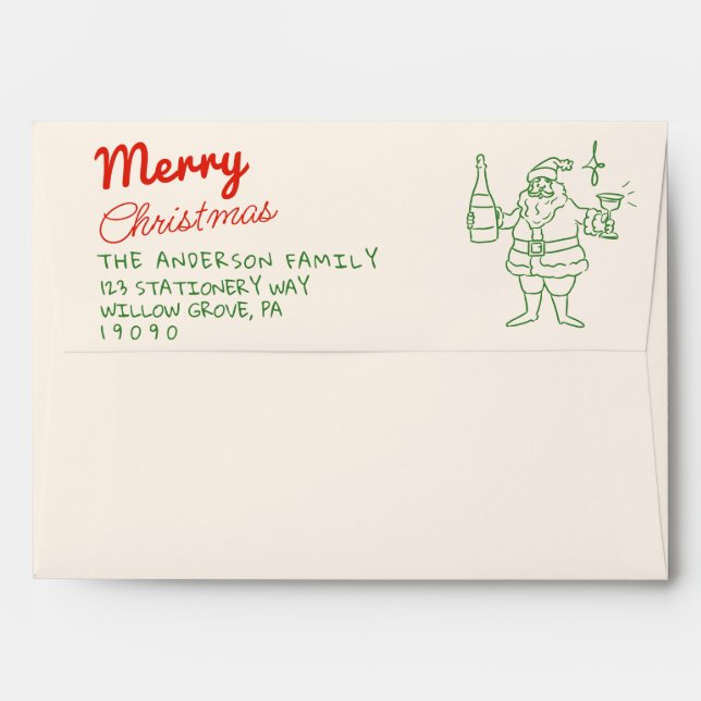 Retro Red Green Drawn Santa Claus Merry Christmas  Envelope (Back (Top Flap))