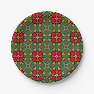 Retro Red & Green Floral Christmas Paper Plate
