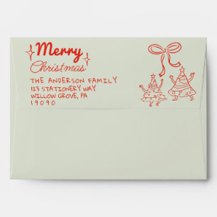 Retro Red Green Funny Drawn Merry Christmas Trees Envelope