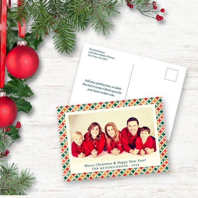Retro Red/Green/Gold Stars Pattern Holiday Photo (Retro Red/Green/Gold Stars Pattern Holiday Photo Postcard)