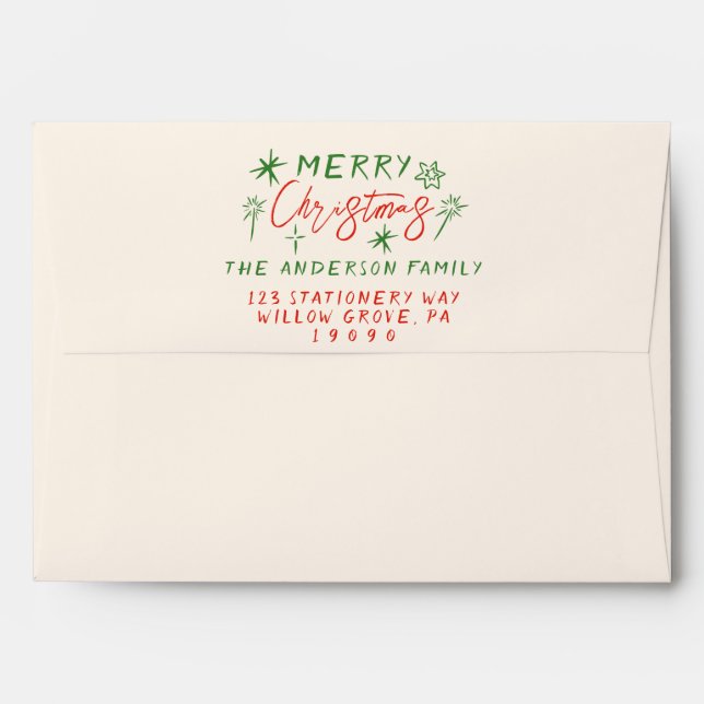 Retro Red Green Hand Drawn Quirky Merry Christmas Envelope (Back (Top Flap))