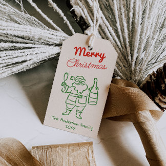 Retro Red Green Hand Drawn Santa Claus Christmas Gift Tags