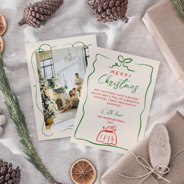 Retro Red Green Hand Written Drawn Photo Christmas Holiday Card (Creator Uploaded)