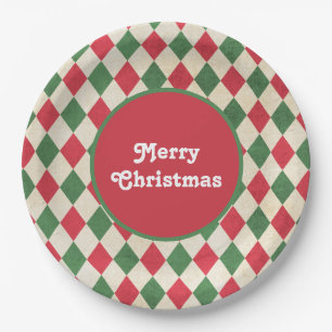 Retro Red Green Harlequin Holiday Paper Plate