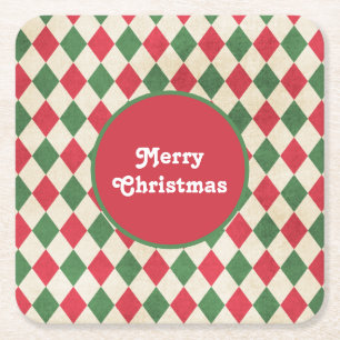 Retro Red Green Harlequin Holiday Square Paper Coaster