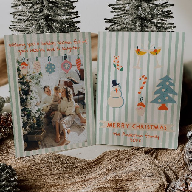 Retro Red Green Illustrated Colourful Christmas Fu Holiday Card (Creator Uploaded)