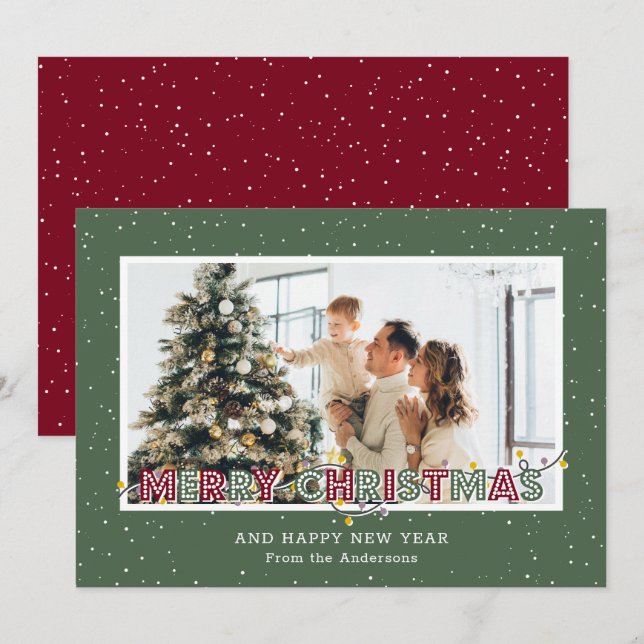 Retro Red Green Lights Snow Photo Christmas Cards (Front/Back)
