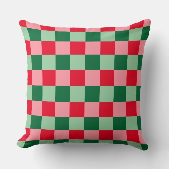 Retro Red Green Pink Tartan Plaid Christmas Cushion (Front)