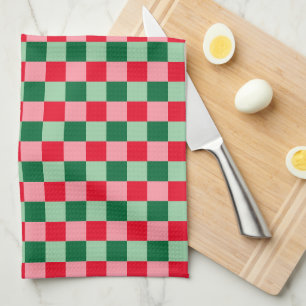 Retro Red Green Pink Tartan Plaid Christmas Tea Towel