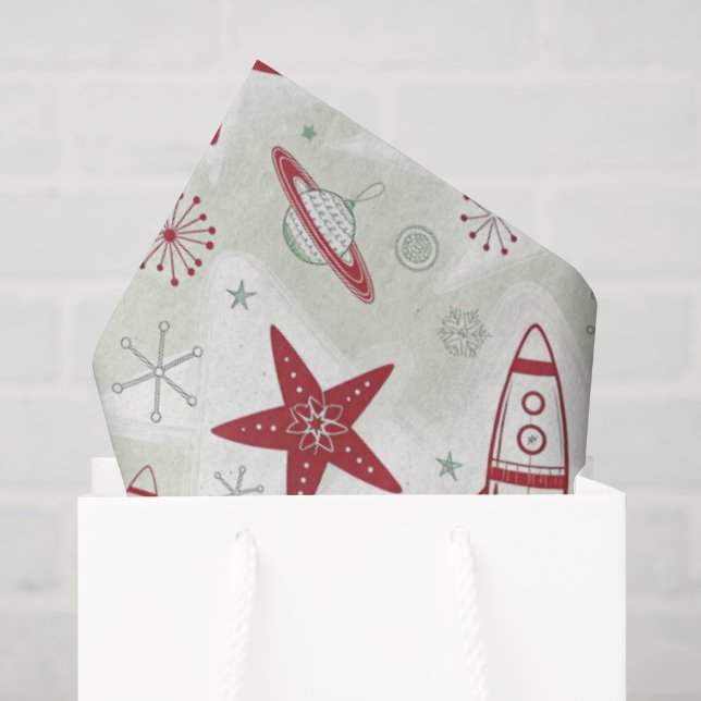 Retro Red Green Space Christmas Decoupage Tissue Paper (Gift Bag)