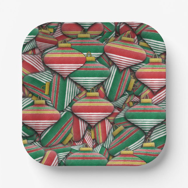 Retro Red Green Striped Ornament Pattern Design Paper Plate (Front)