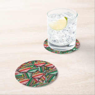 Retro Red Green Striped Ornament Pattern Design Round Paper Coaster