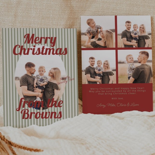 Retro Red Green Stripes Boho Oval Photo Christmas Holiday Card (Creator Uploaded)